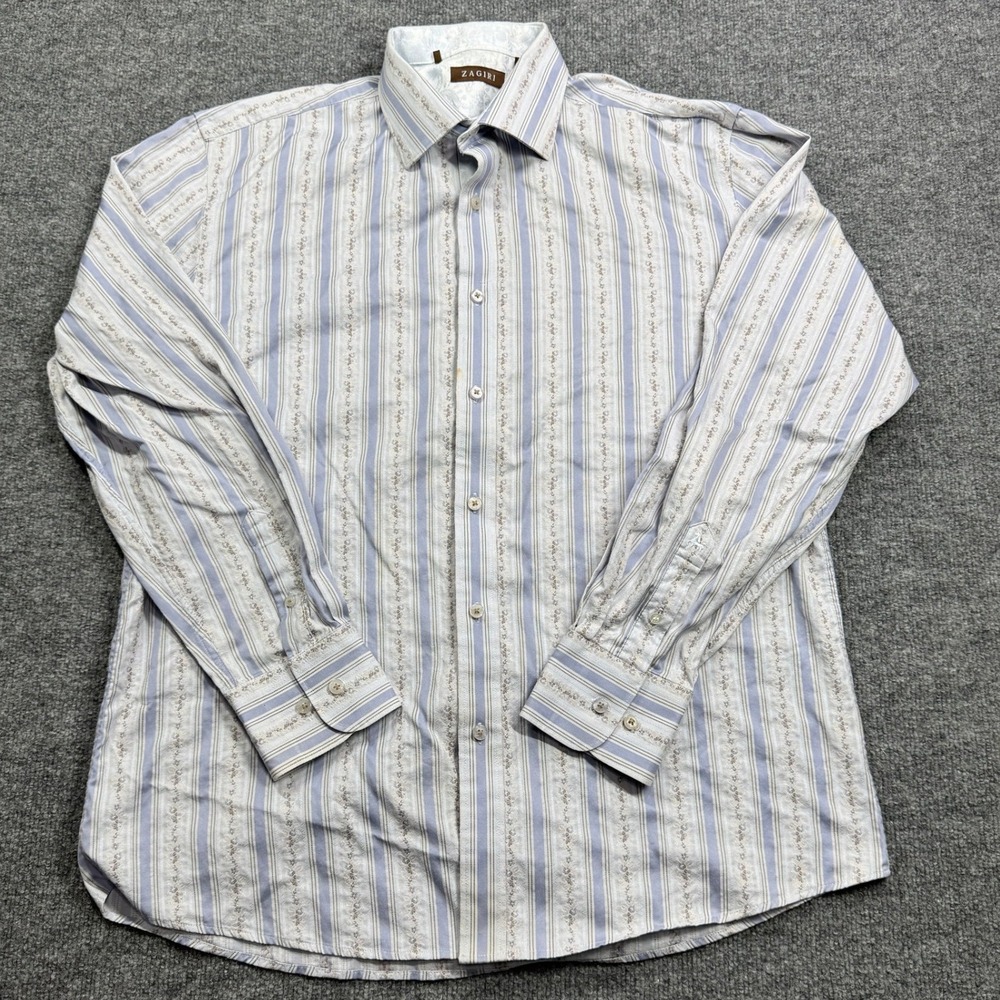 Zagiri Button Up Shirt Men XL Blue White Striped Floral Embroidered Long Sleeve